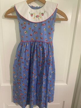 Girls' Light Blue Strawberry & Floral Cotton Dress with Embroidered Collar